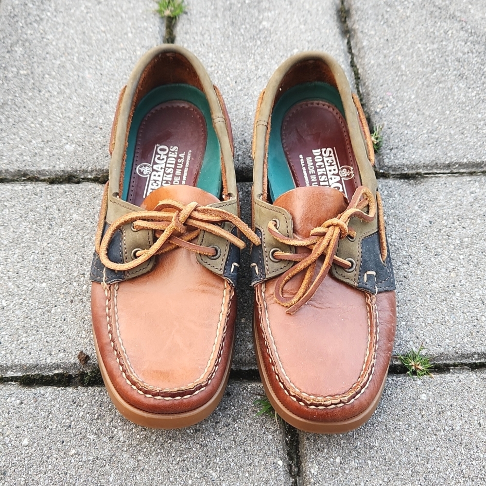 Sebago Docksides Two Tone Brown/Navy/Green Slip-on Leather Boat Shoes